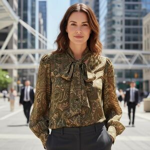 NWT Haver & Blair Paisley Print button & Tie-Front Blouse in Green & Tan S